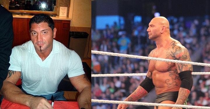 プロレスラーのバティスタの2003年と2014年(WWE「レッスルマニア30」)の画像