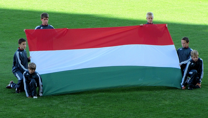 サッカー「UEFA・U-21欧州選手権」のハンガリー対イタリア戦にて掲げられたハンガリーの国旗(2011年・セーケシュフェヘールバール)の画像