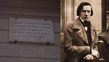 「有名なポーランド人」の一例として挙がった作曲家のフレデリック・ショパン(1849年前後)とその碑(2007年・パリ・「ヴァンドーム広場」)の画像