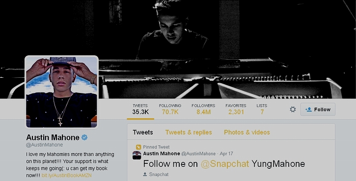 米国の歌手オースティン・マホーンの公式ツイッター(2015年5月14日)の画像
