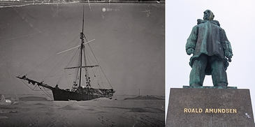 「ノルウェー生まれの有名人」の一例として挙がったロアール・アムンゼンの「ユア号」(1905/6年)と立像(2006年・ノルウェー・トロムソ)の画像