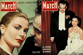 「パリ・マッチ」の表紙を飾った「モナコの代表的な事物」の一例として挙がった女優のグレース・ケリーとモナコ大公レーニエ(1956年)の画像