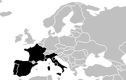 欧州地図におけるポルトガルとスペインとフランスとイタリアの画像