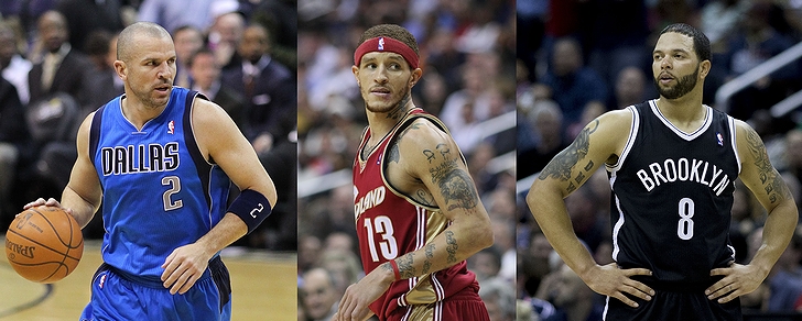 バスケットボール選手のジェイソン・キッド(2011年・NBA・「ワシントン・ウィザーズ」対「ダラス・マーベリックス」)とデロンテ・ウエスト(2009年・NBA・「ワシントン・ウィザーズ」対「クリーブランド・キャバリアーズ」)とデロン・ウィリアムス(2014年・NBA・「ブルックリン・ネッツ」対「ワシントン・ウィザーズ」)の画像