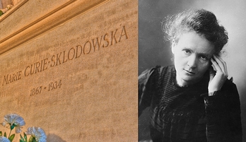 「有名なポーランド人」の一例として挙がった“キュリー夫人”ことマリー・キュリー(1900年前後)とその墓碑(2010年・パリ)の画像