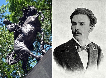 「キューバの有名人」の一例として挙がったキューバの詩人で革命家のホセ・マルティの銅像(2008年・ニューヨーク)の画像と肖像(1875年)の画像