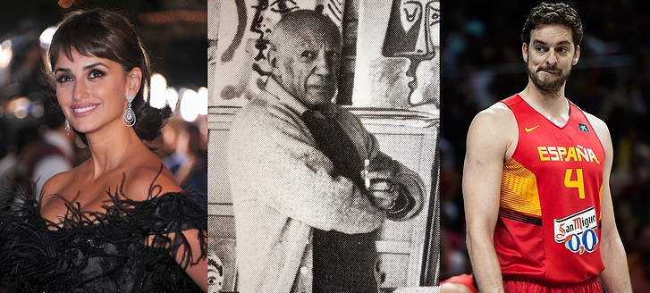 「米国で有名なスペイン出身者」の一例として挙がった女優のペネロペ・クルス(2011年)と画家のパブロ・ピカソとバスケットボール選手のパウ・ガソル(2014年)の画像