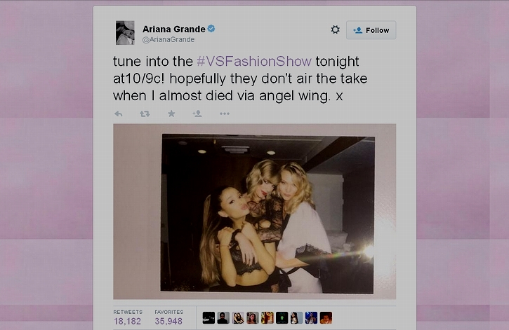 アリアナ・グランデの公式ツイッターにおける2014年12月10日のツイート。「ヴィクトリアズ・シークレット・ファッションショー」の舞台裏にて「ヴィクトリアズ・シークレット」のモデル達と並んだアリアナ・グランデの画像。