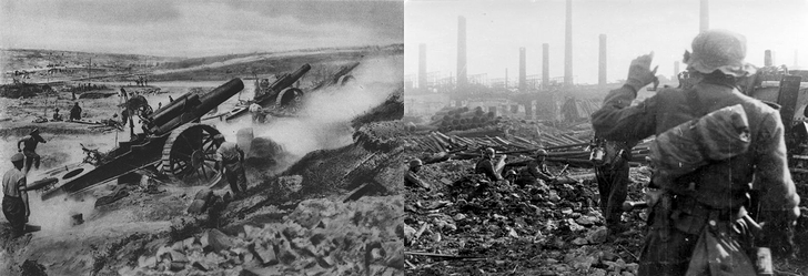 第一次世界大戦「ソンム会戦」下のイギリス軍兵士(1916年)と第二次世界大戦「スターリングラード攻防戦」下のドイツ軍兵士(1942年)