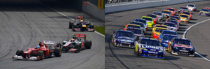 「F1」のレース風景(2012年・カナダ)と「NASCAR」のレース風景(2011年・米国)