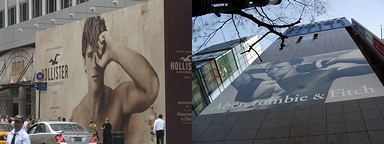ファッションブランド「ホリスター」の店舗(米国・ニューヨーク)の画像とファッションブランド「アバクロンビー＆フィッチ」の店舗(日本・東京)の画像