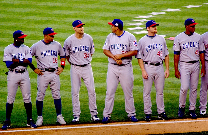 メジャーリーグ「シカゴ・カブス」の野球選手たち。左から、アルフォンソ・ソリアーノ、アラミス・ラミレス、ケリー・ウッド、カルロス・ザンブラーノ、ライアン・デンプスター、カルロス・マーモル、福留孝介。(2008年・米国ニューヨーク「ヤンキー・スタジアム」・「MLBオールスターゲーム」)の画像