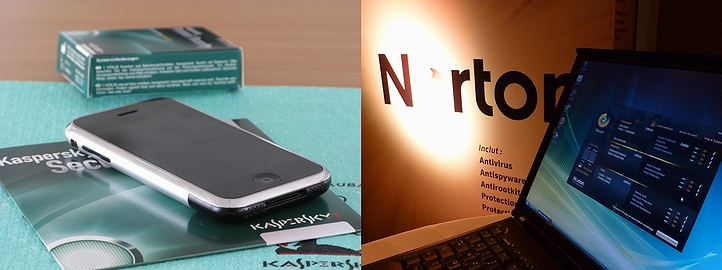 「カスペルスキー」の製品(2008年)と「ノートン」の製品(2009年)の画像