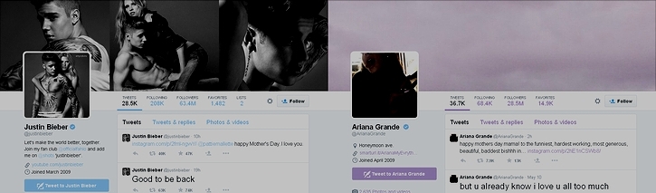 「ツイッターでフォローしてくれる芸能人」の一例として挙がったジャスティン・ビーバー(@justinbieber)とアリアナ・グランデ(@ArianaGrande)の公式ツイッター(2015年5月11日)の画像